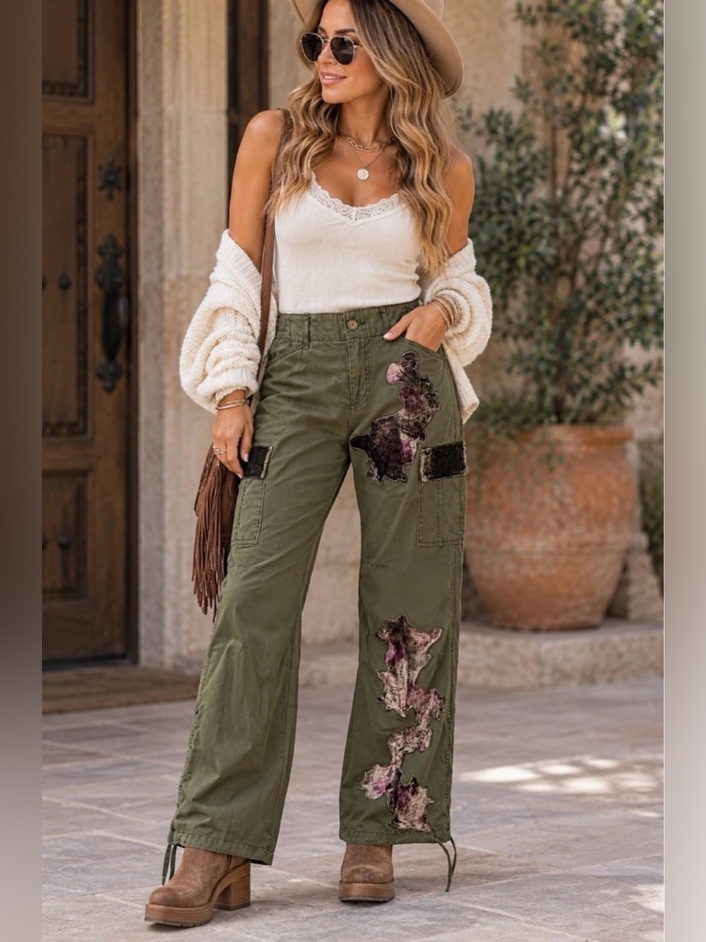 Y2K Vintage Express Olive Utility Cargo Pants with Floral Velvet Appliqué